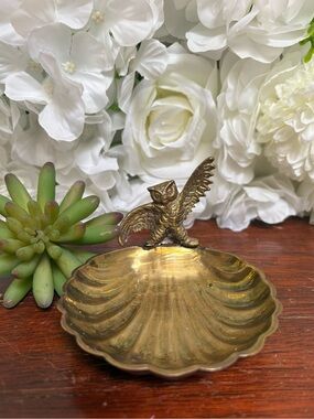 Vintage Brass Scalloped Owl Trinket Dish